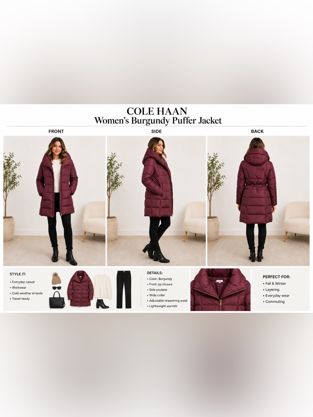 Cole Haan Women's Burgundy Puffer Jacket